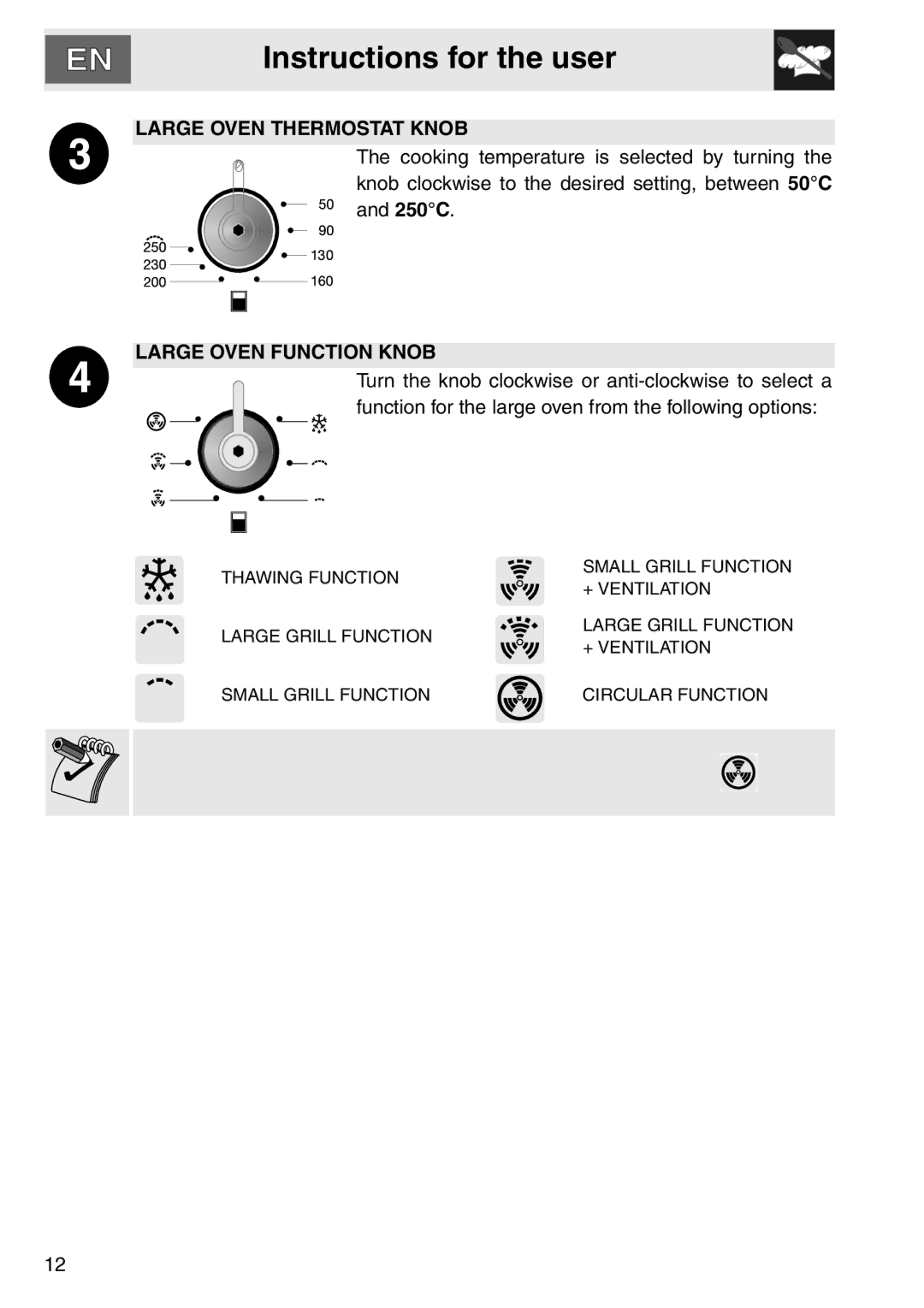 Smeg smeg Double Oven, DOSCA36X-8 installation instructions Large Oven Thermostat Knob, Large Oven Function Knob 