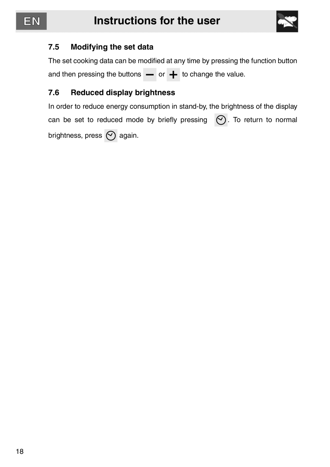 Smeg smeg Double Oven, DOSCA36X-8 installation instructions Modifying the set data, Reduced display brightness 