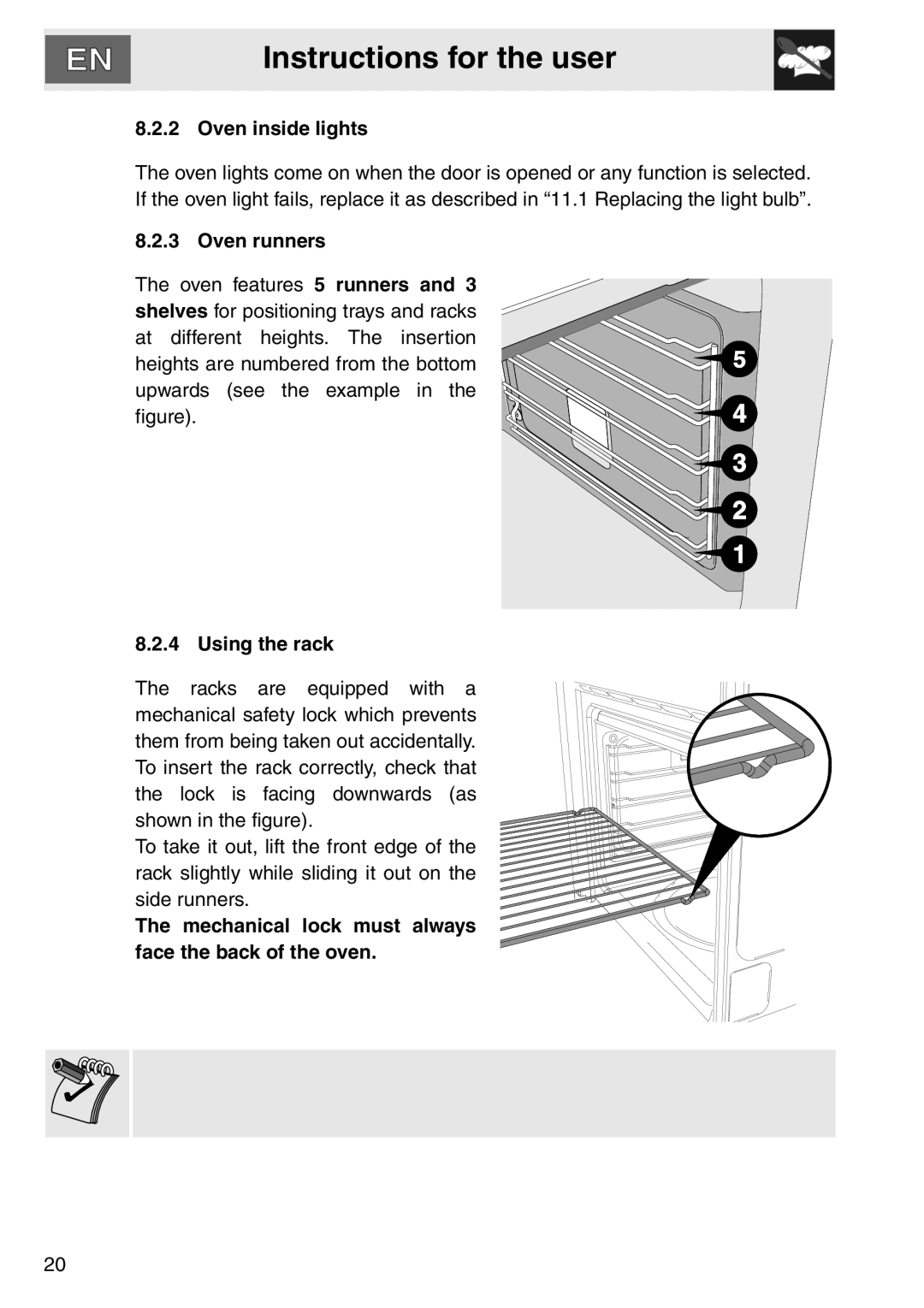 Smeg smeg Double Oven, DOSCA36X-8 installation instructions Oven inside lights, Oven runners, Using the rack 