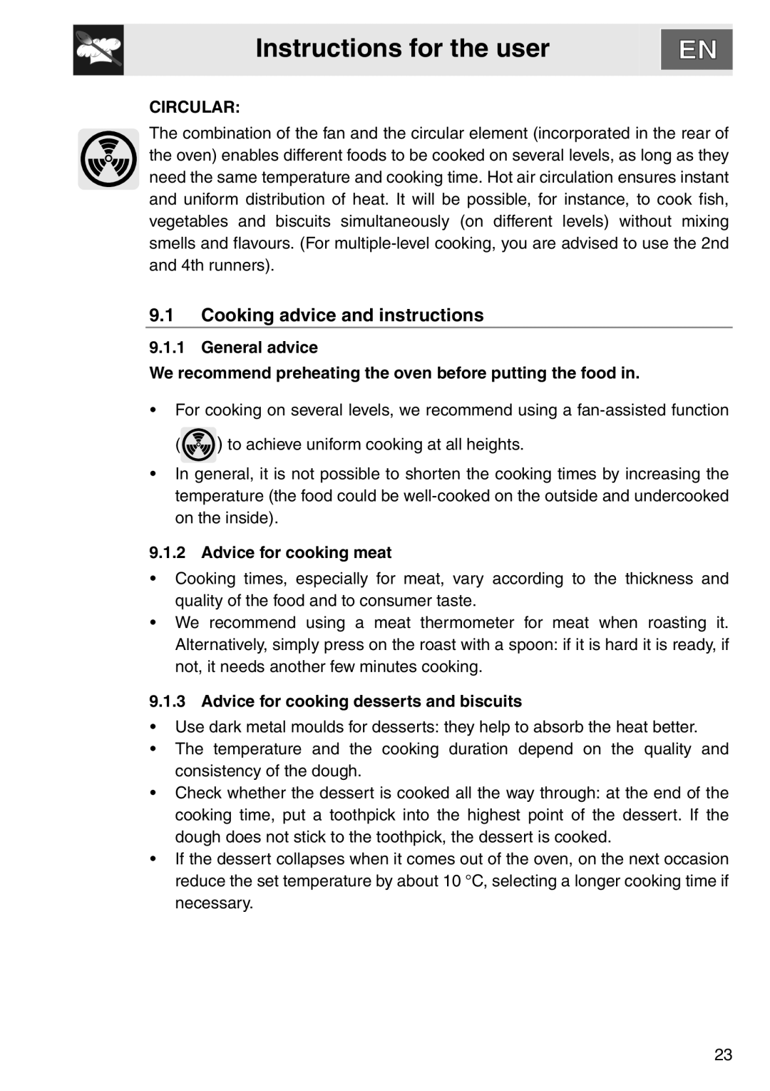 Smeg DOSCA36X-8, smeg Double Oven Cooking advice and instructions, Circular, Advice for cooking meat 