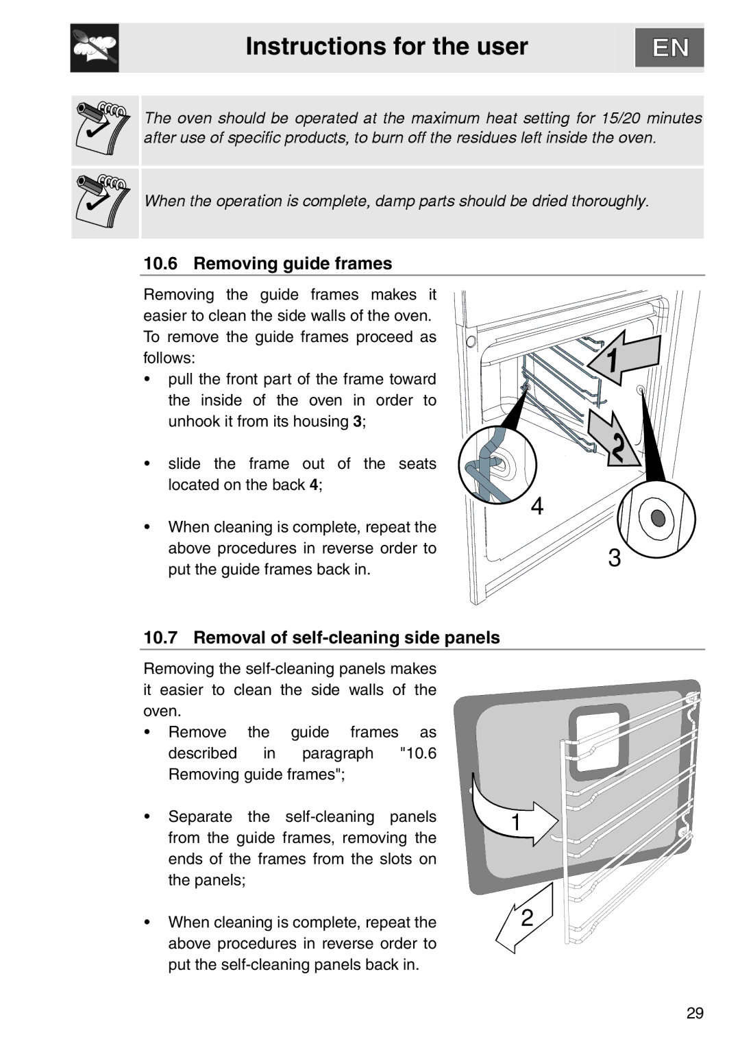 Smeg DOSCA36X-8, smeg Double Oven installation instructions Removing guide frames, Removal of self-cleaning side panels 