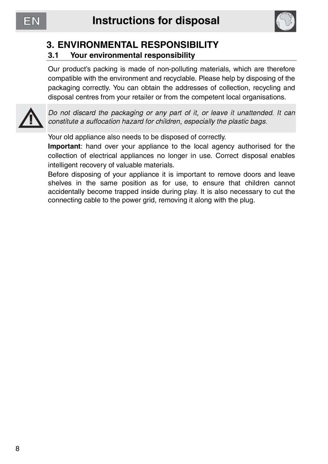 Smeg smeg Double Oven, DOSCA36X-8 installation instructions Environmental Responsibility, Your environmental responsibility 