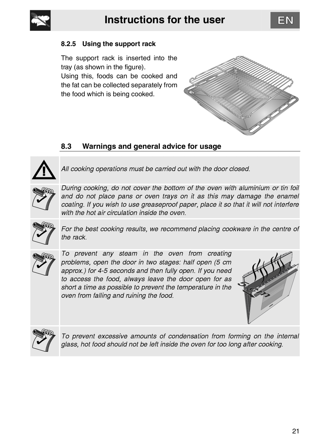 Smeg DOSCA36X-8, smeg Double Oven Warnings and general advice for usage, Using the support rack, Instructions for the user 