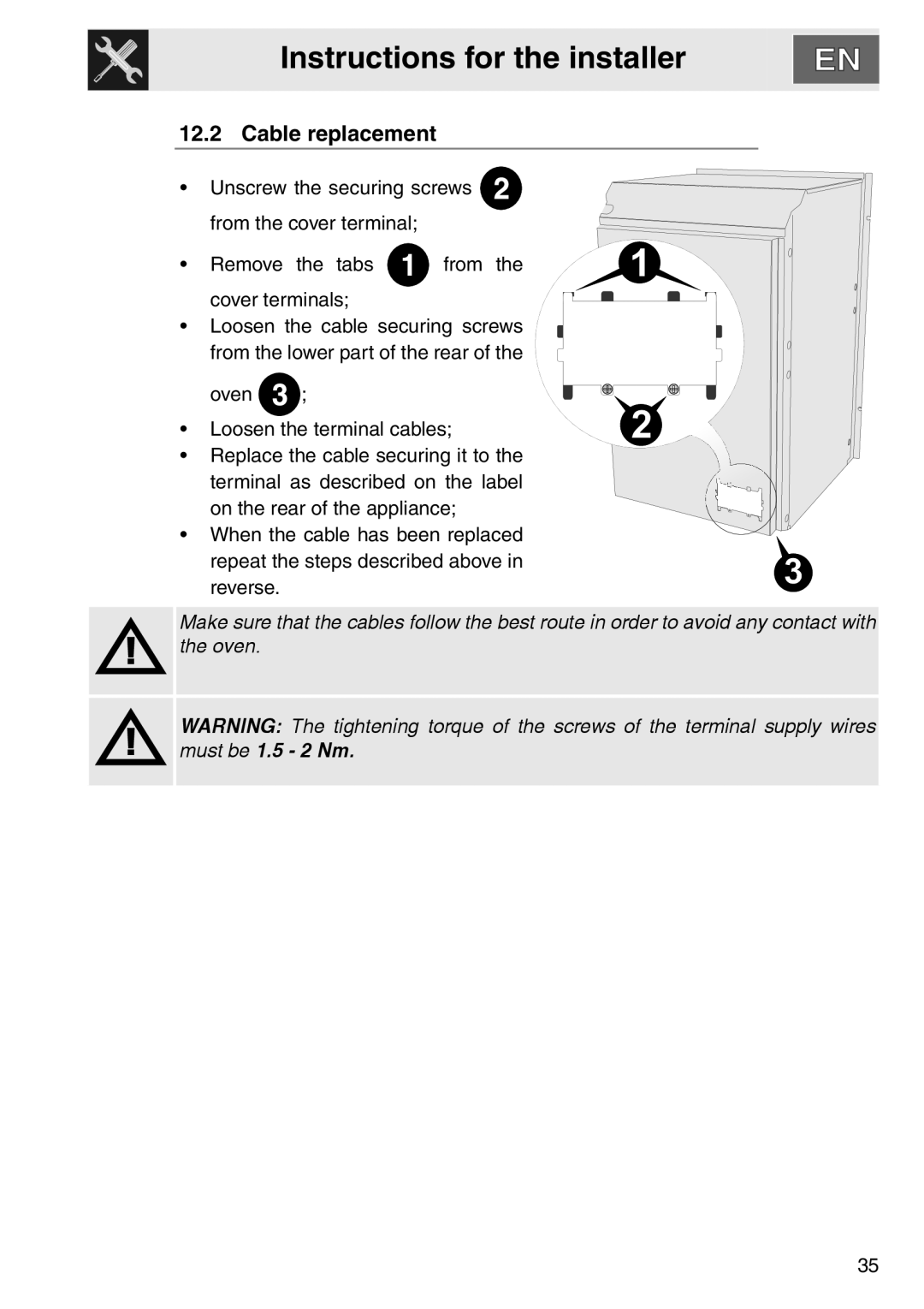 Smeg DOSCA36X-8, smeg Double Oven installation instructions Instructions for the installer, Cable replacement 