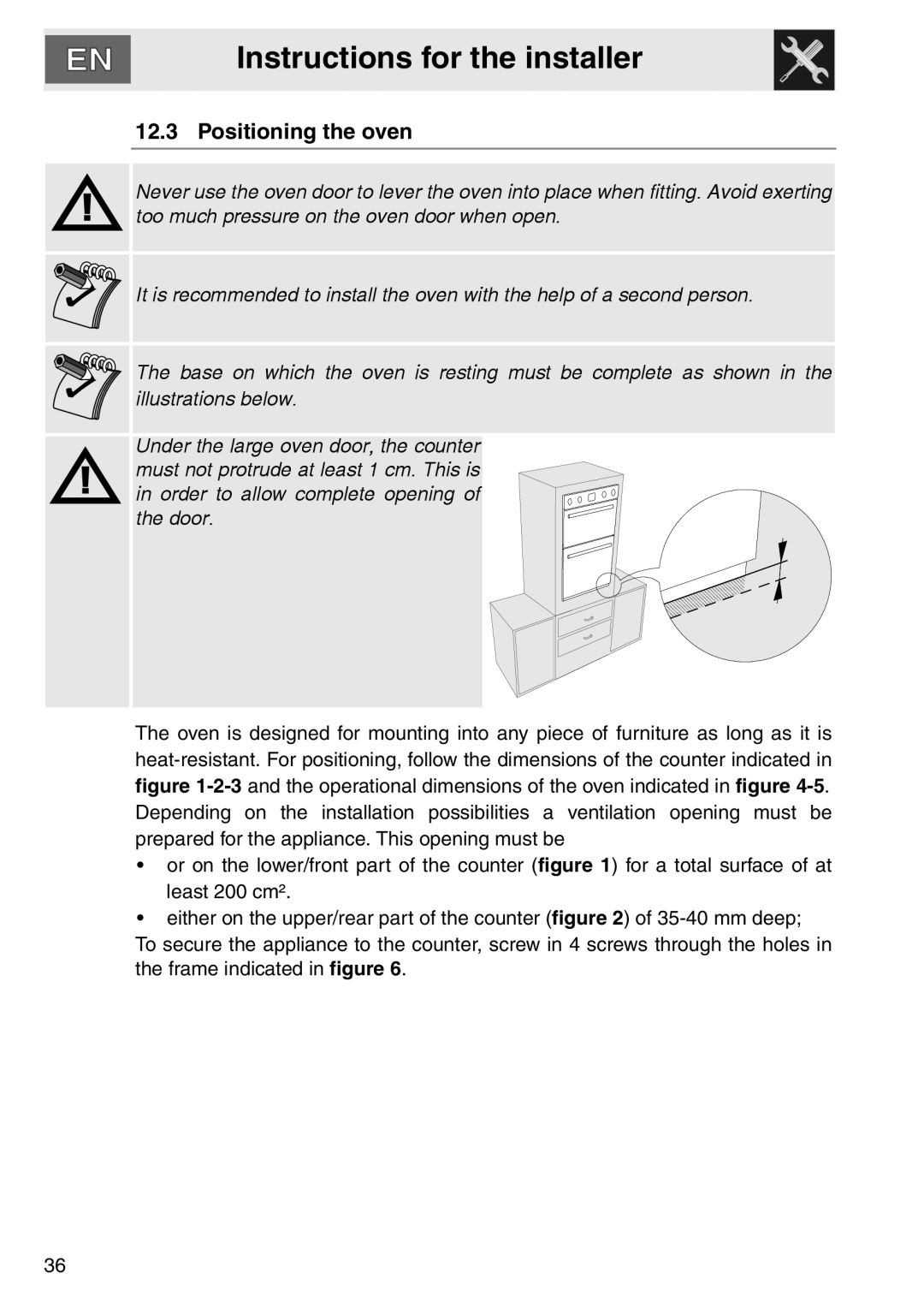 Smeg smeg Double Oven, DOSCA36X-8 installation instructions Positioning the oven, Instructions for the installer 