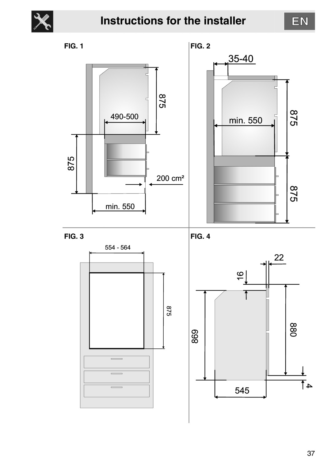 Smeg DOSCA36X-8, smeg Double Oven installation instructions 35-40, Instructions for the installer, 490-500, 200 cm² 