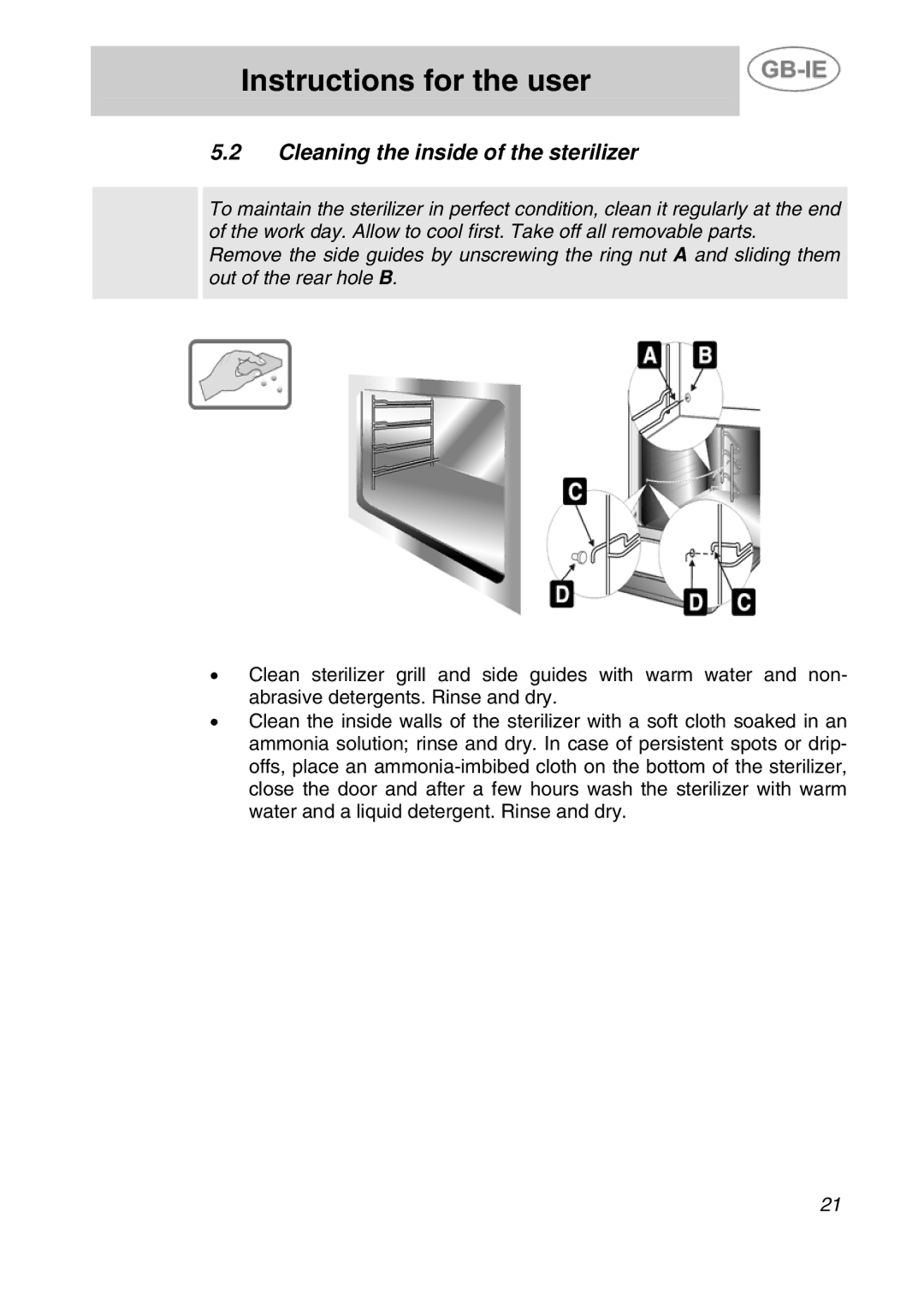 Smeg DRY50V manual Cleaning the inside of the sterilizer 