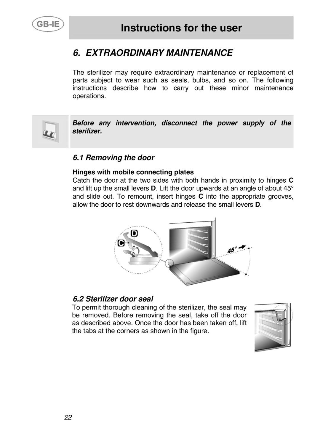 Smeg DRY50V manual Extraordinary Maintenance, Removing the door, Sterilizer door seal 