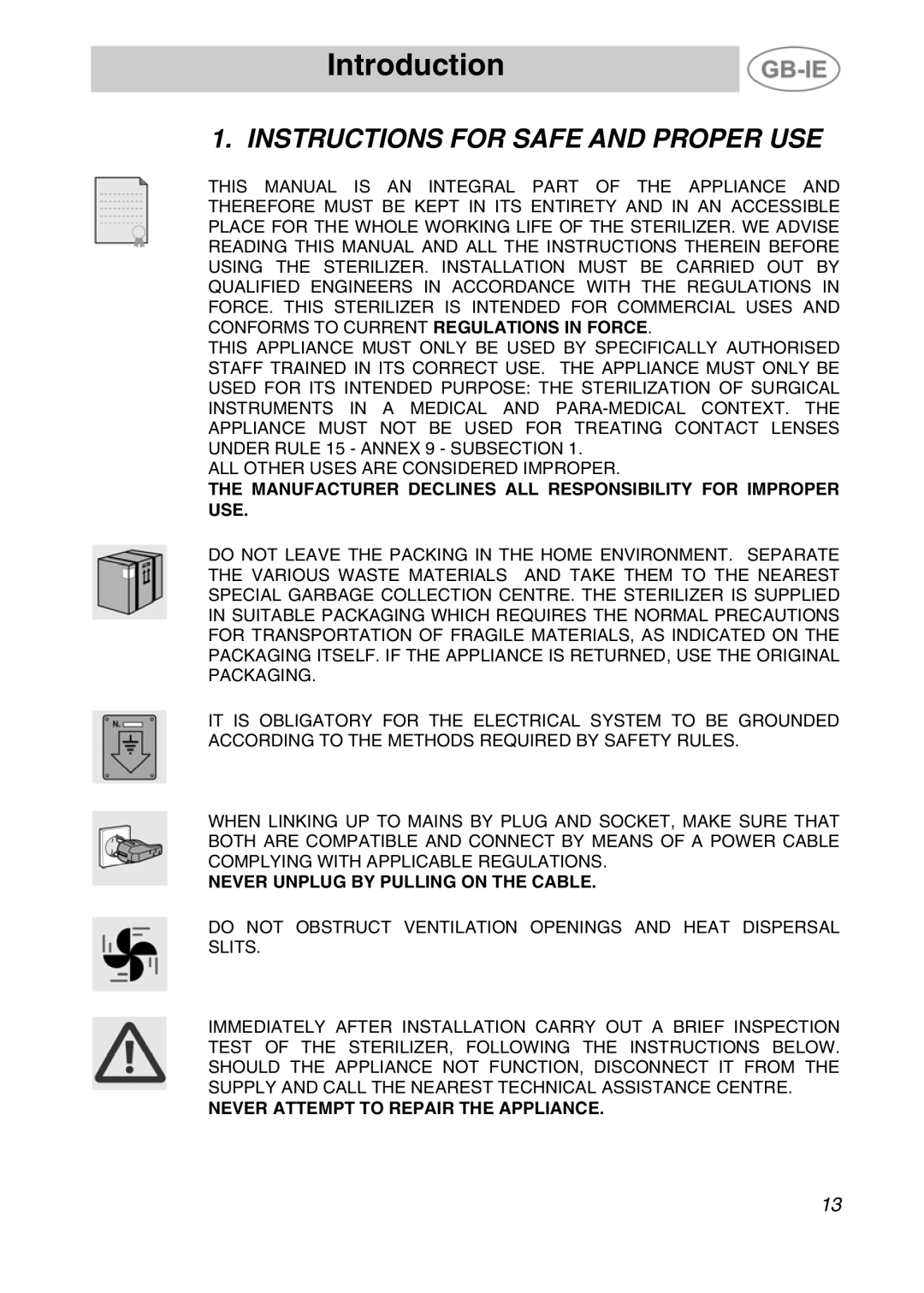 Smeg DRY50V manual Introduction, Instructions for Safe and Proper USE 