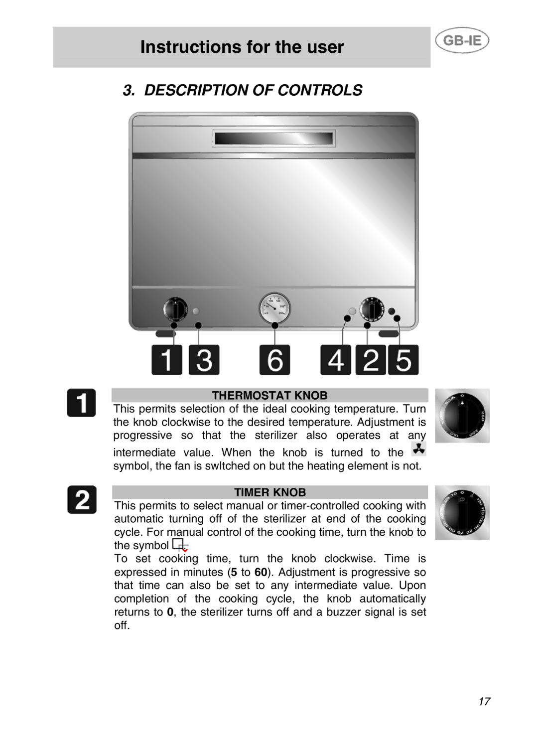 Smeg DRY50V manual Instructions for the user, Description of Controls, Thermostat Knob, Timer Knob 