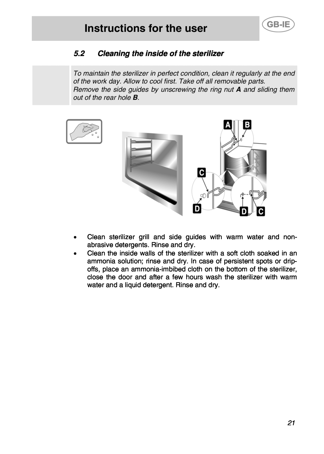 Smeg DRY50V manual Cleaning the inside of the sterilizer, Instructions for the user 
