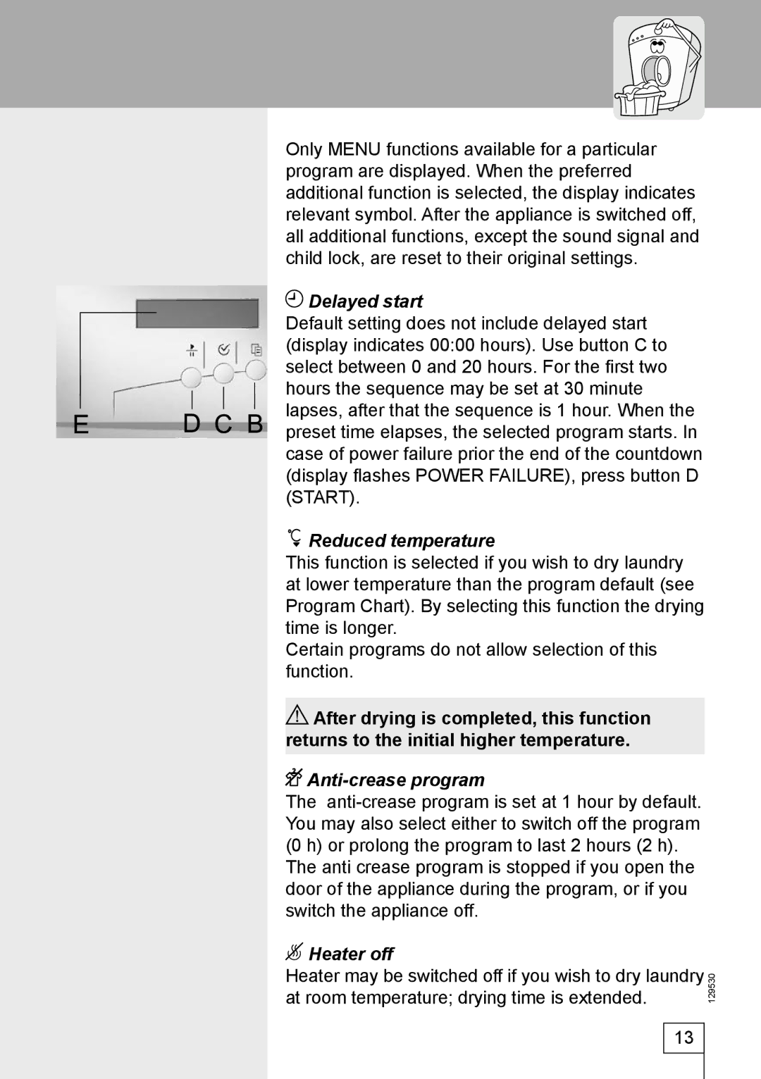 Smeg DRY63CS manual Delayed start, Reduced temperature, Anti-crease program, Heater off 