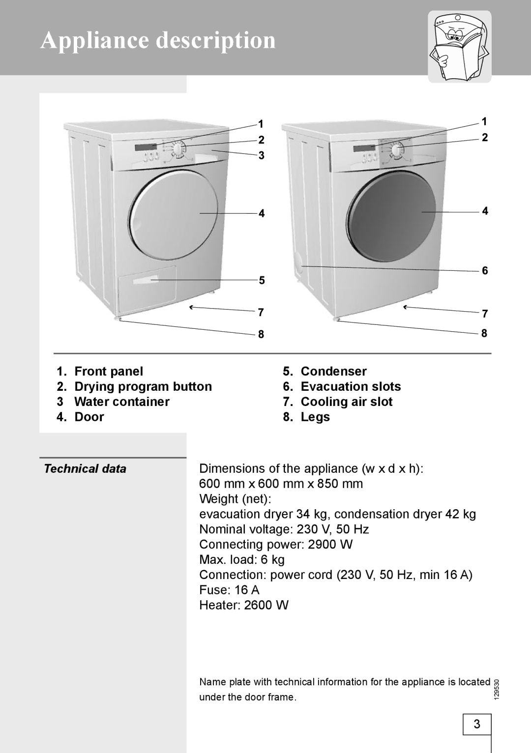 Smeg DRY63CS manual Appliance description, Technical data 