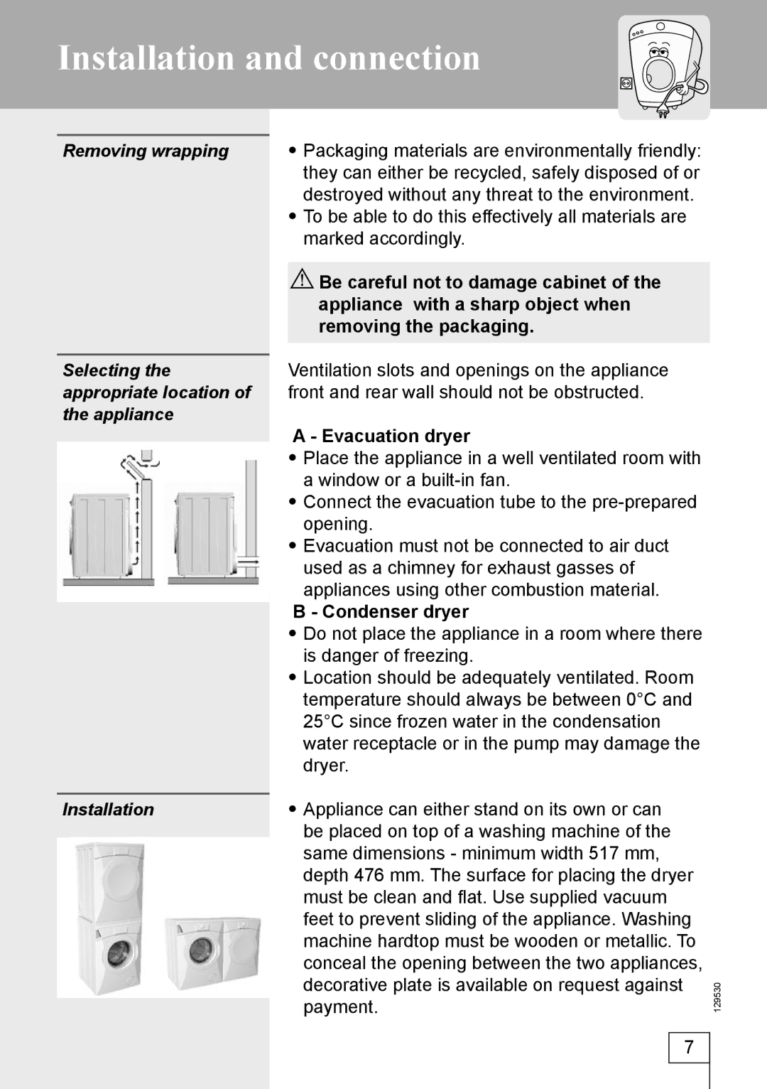 Smeg DRY63CS manual Installation and connection, Evacuation dryer, Condenser dryer 