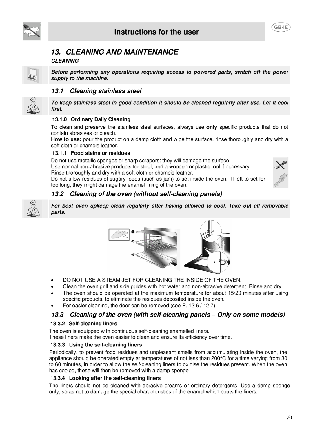 Smeg DUCO4SS manual Cleaning and Maintenance, Cleaning stainless steel, Cleaning of the oven without self-cleaning panels 