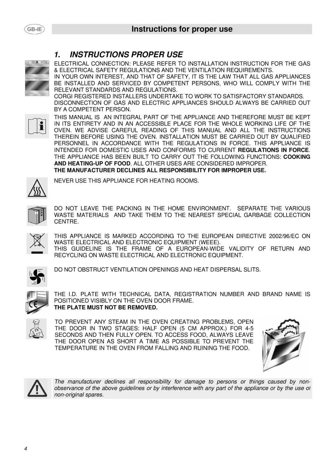 Smeg DUCO4SS Instructions Proper USE, Manufacturer Declines ALL Responsibility for Improper USE, Plate Must not be Removed 