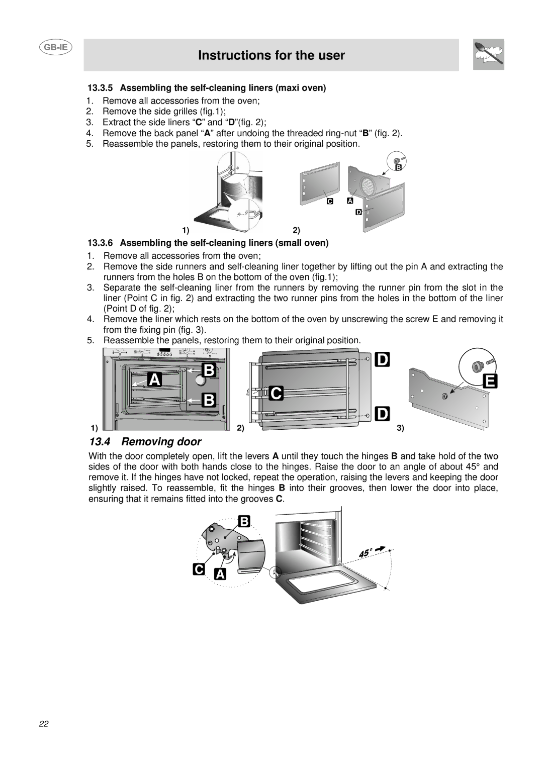 Smeg DUCO4SS Removing door, Assembling the self-cleaning liners maxi oven, Assembling the self-cleaning liners small oven 