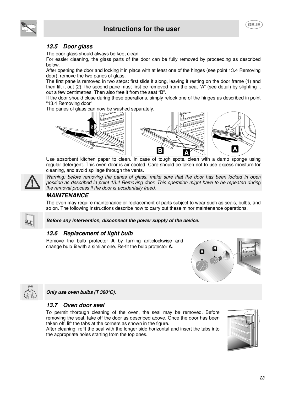 Smeg DUCO4SS manual Door glass, Replacement of light bulb, Oven door seal 