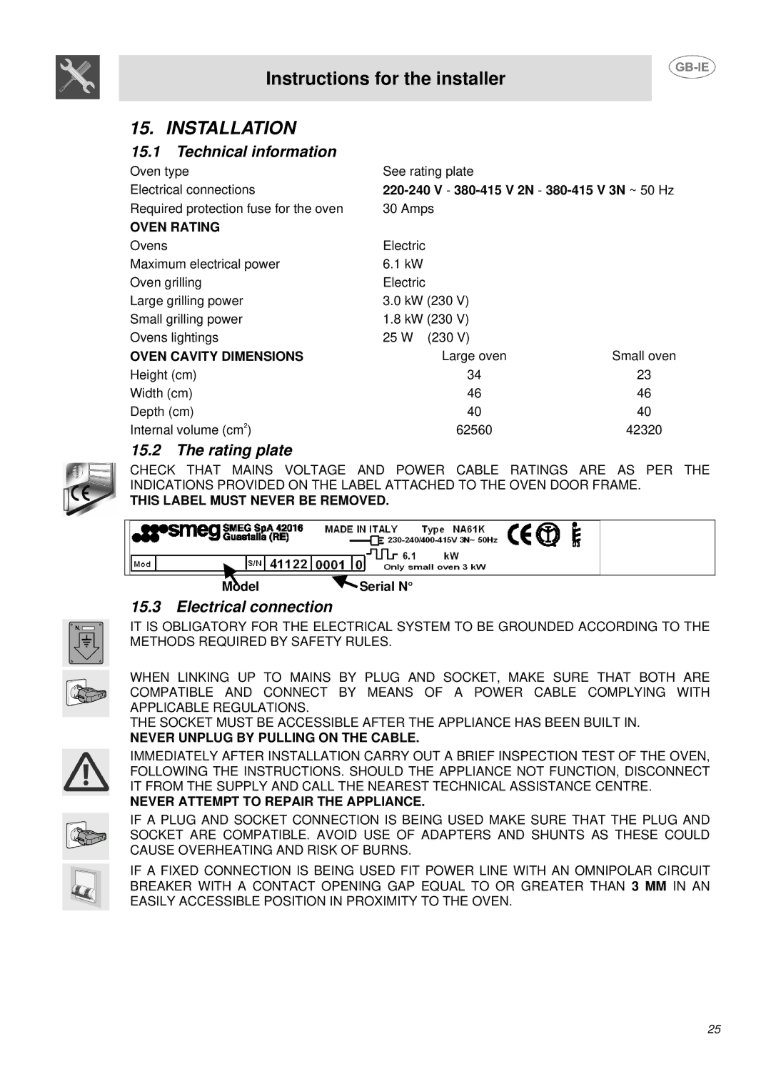 Smeg DUCO4SS manual Installation, Technical information, Rating plate, Electrical connection 