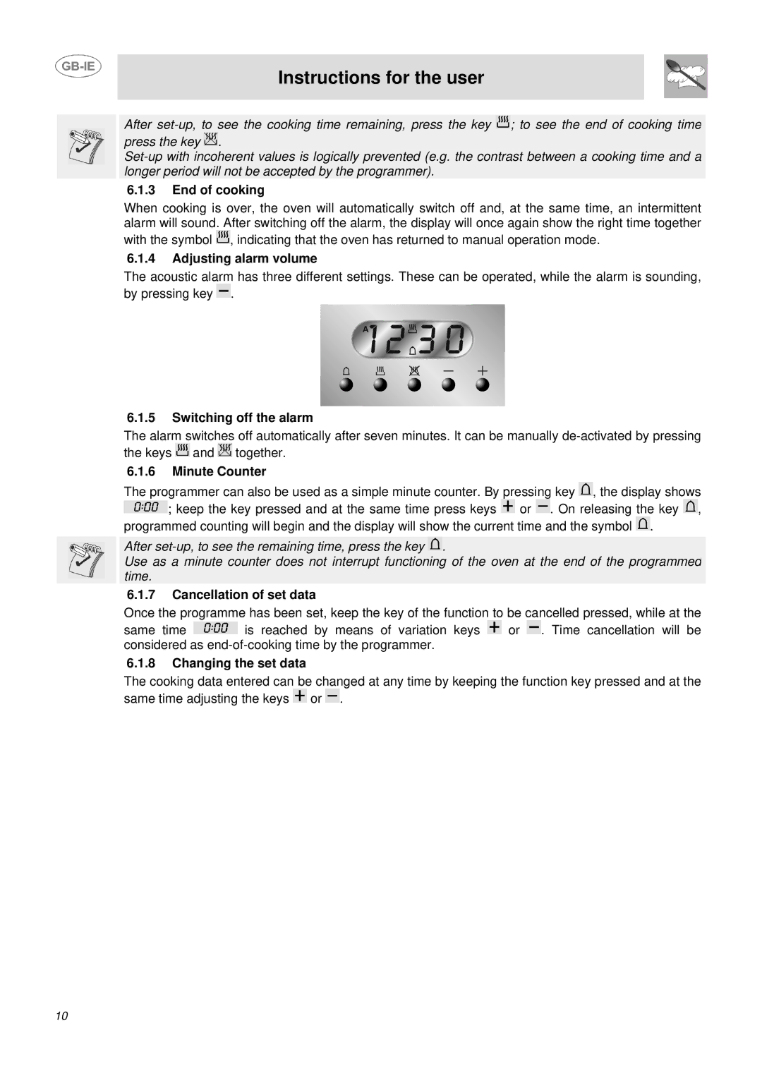 Smeg DUCO4SS End of cooking, Adjusting alarm volume, Switching off the alarm, Minute Counter, Cancellation of set data 