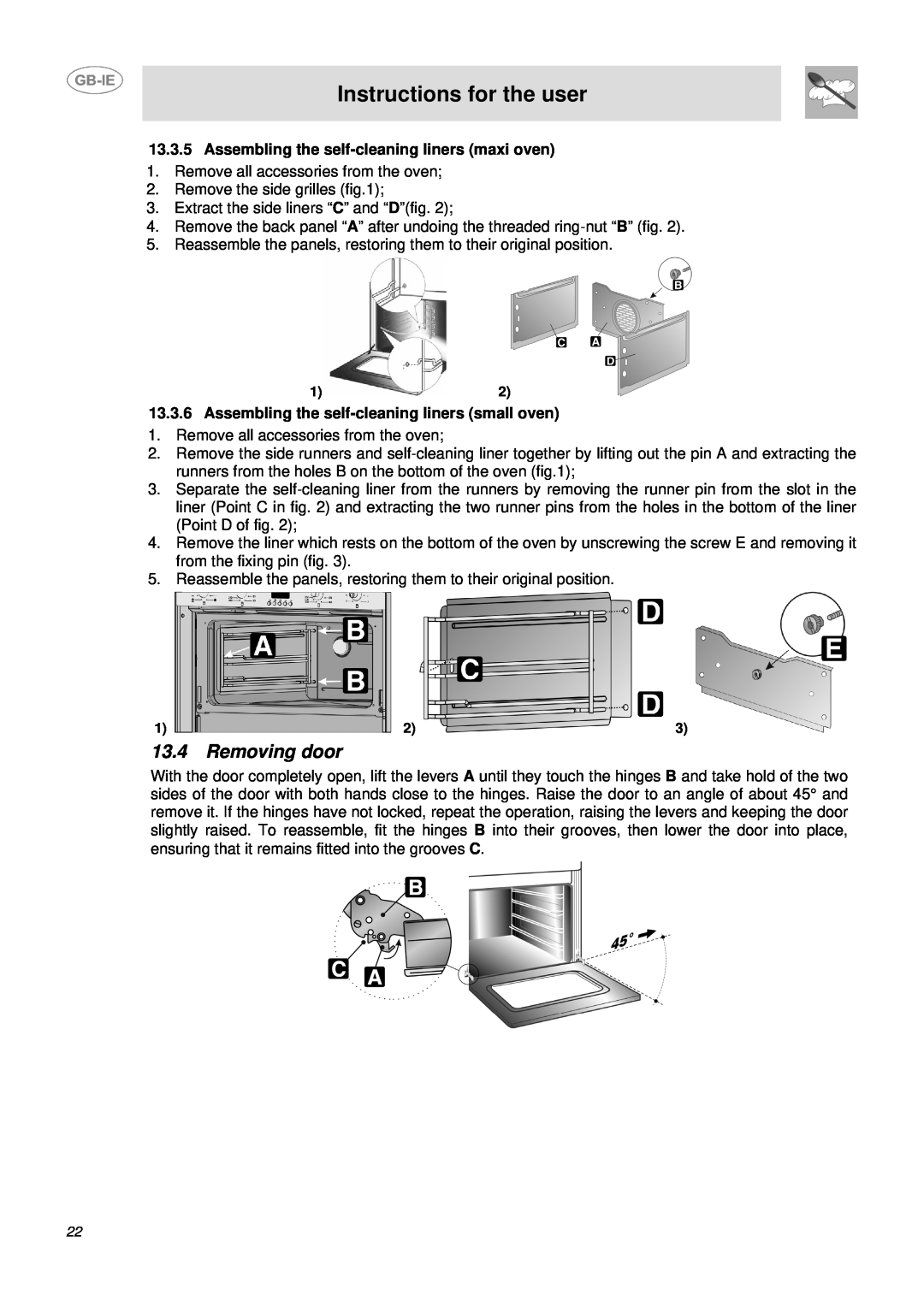 Smeg DUCO4SS manual Removing door, Instructions for the user, Assembling the self-cleaning liners maxi oven 