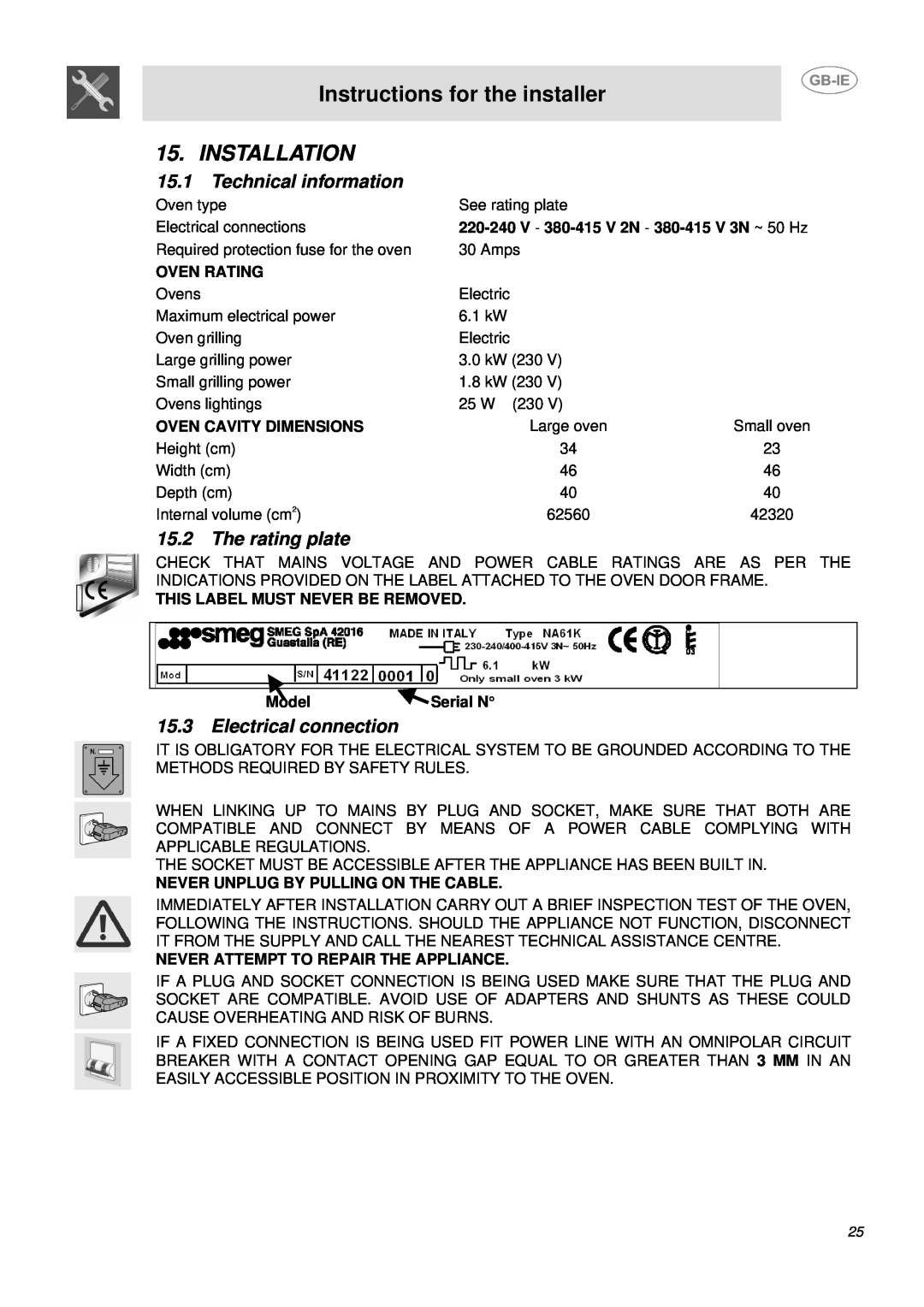 Smeg DUCO4SS Instructions for the installer, Installation, 15.1, Technical information, The rating plate, Oven Rating 