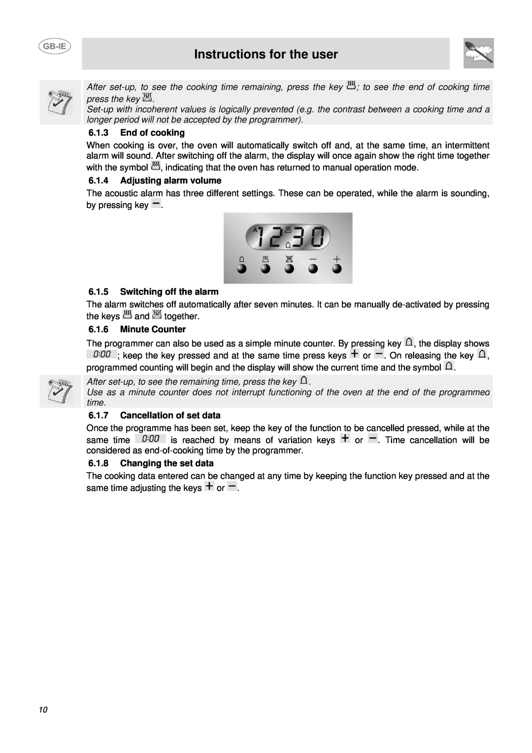 Smeg DUCO4SS Instructions for the user, End of cooking, Adjusting alarm volume, Switching off the alarm, Minute Counter 