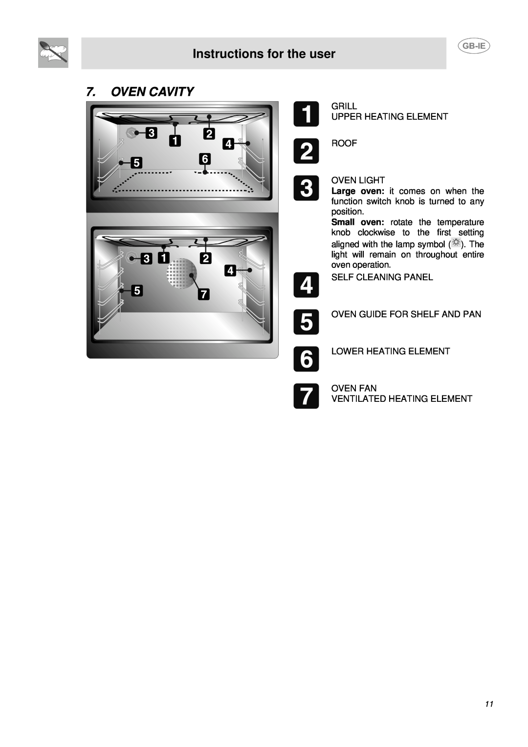 Smeg DUCO4SS manual Oven Cavity, Instructions for the user 