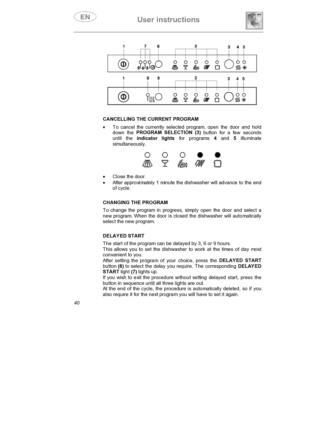 Smeg DW1410 instruction manual Cancelling the Current Program, Changing the Program, Delayed Start 