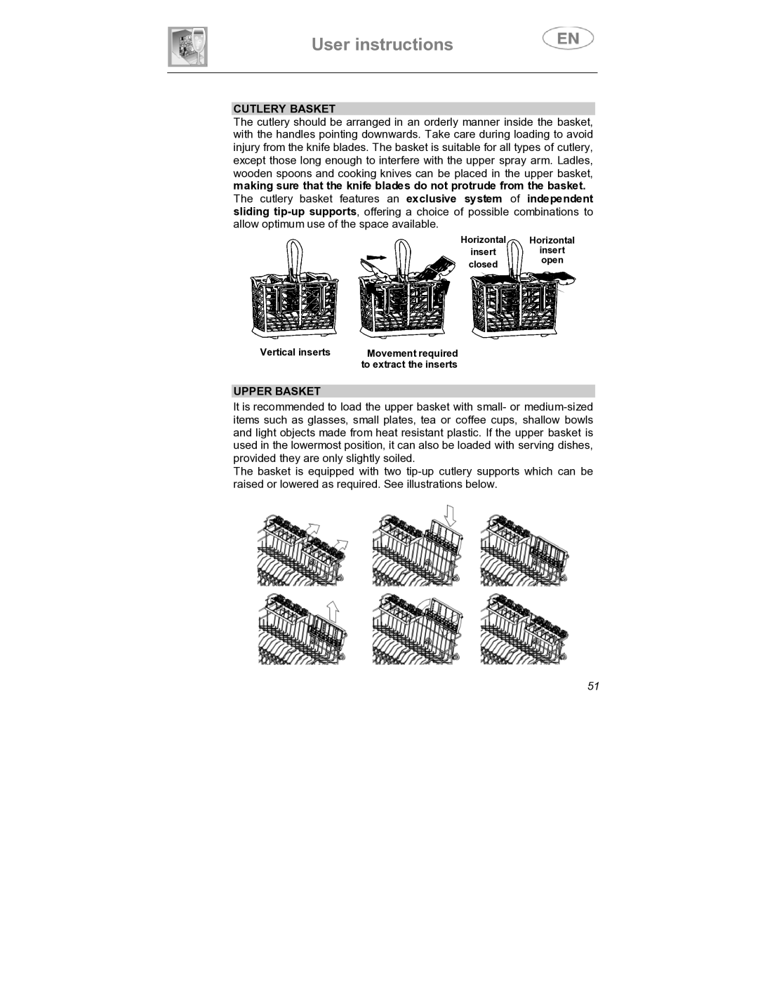 Smeg DW1410 instruction manual Cutlery Basket, Upper Basket 