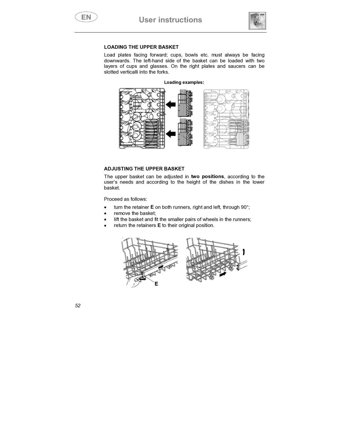 Smeg DW1410 instruction manual Loading the Upper Basket, Adjusting the Upper Basket 