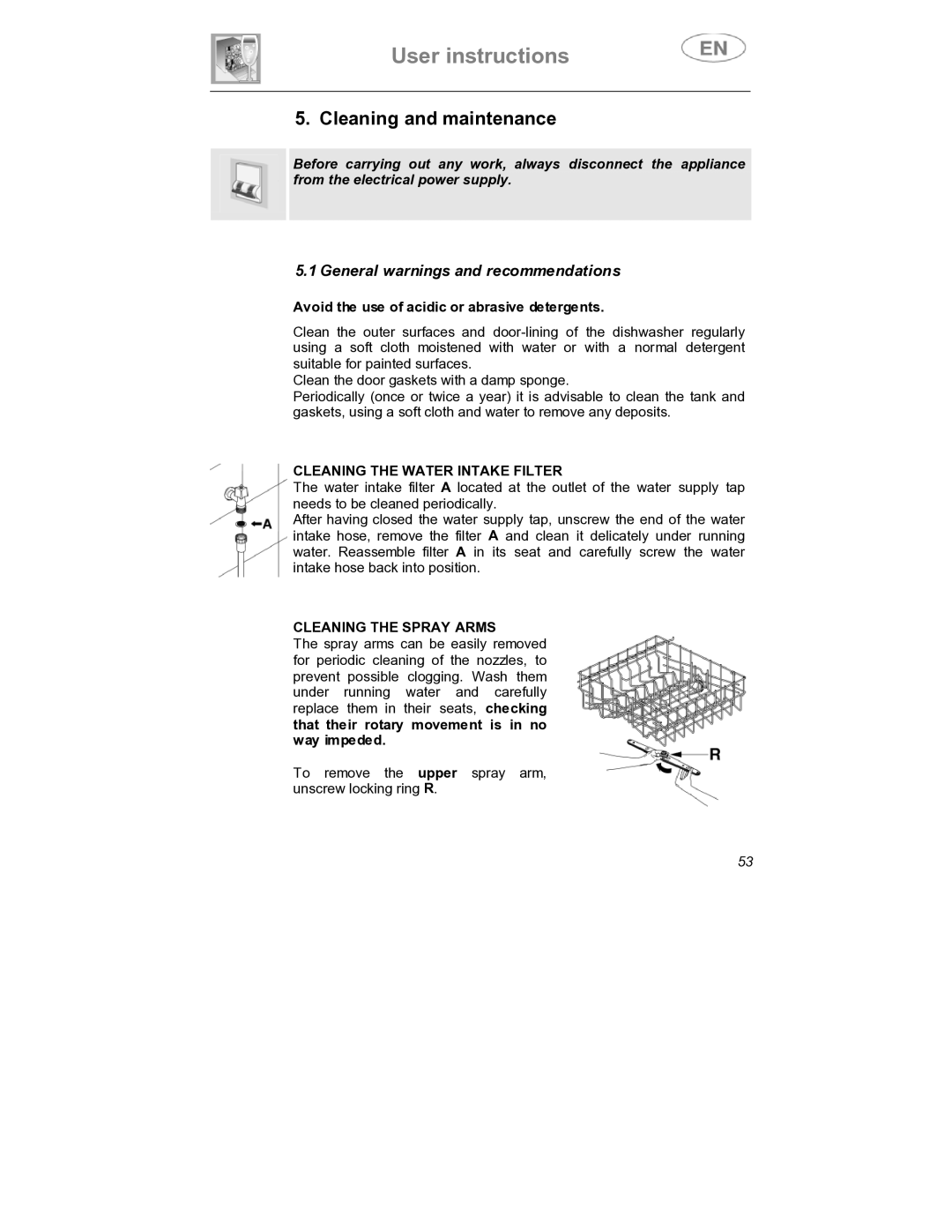 Smeg DW1410 instruction manual Cleaning and maintenance, Cleaning the Water Intake Filter, Cleaning the Spray Arms 