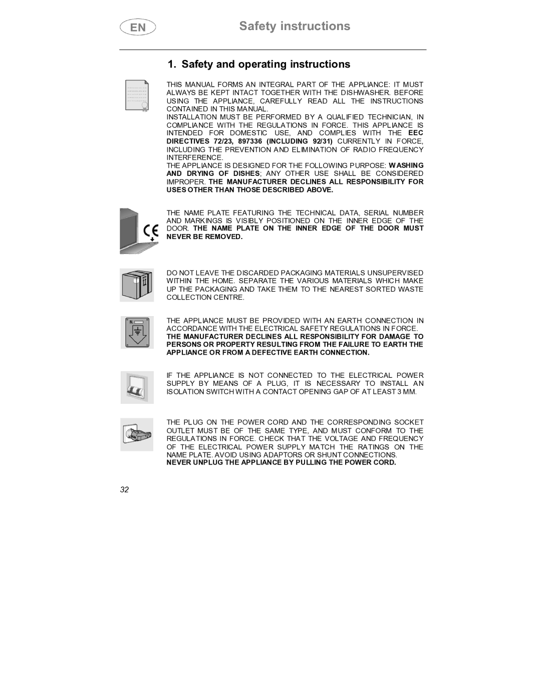 Smeg DW1410 instruction manual Safety instructions, Safety and operating instructions 