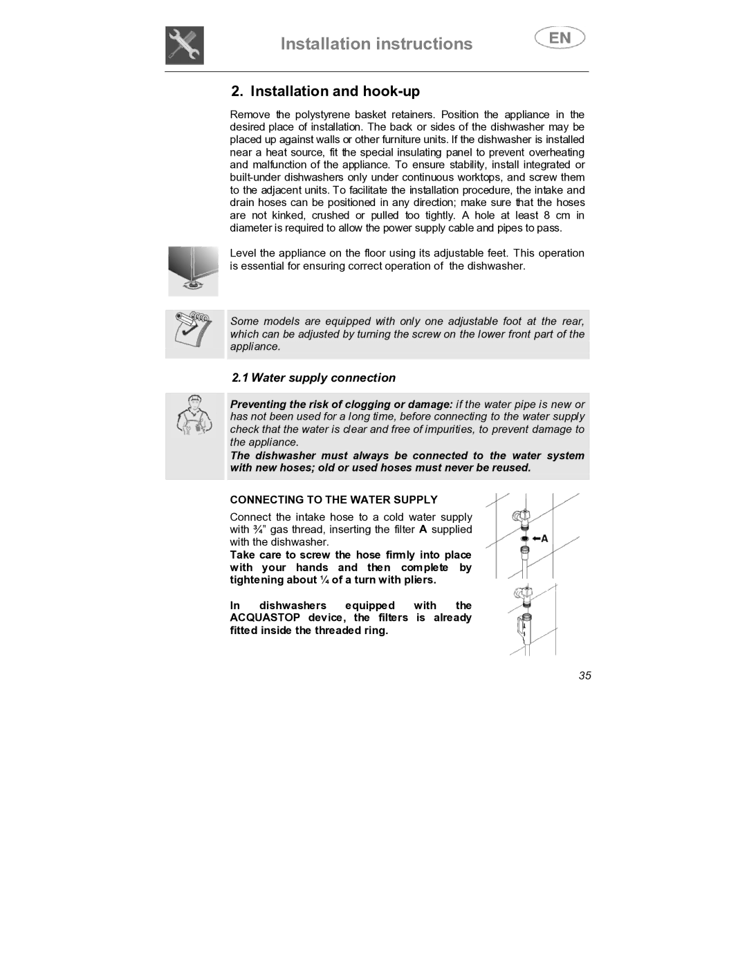 Smeg DW1410 instruction manual Installation and hook-up, Water supply connection, Connecting to the Water Supply 