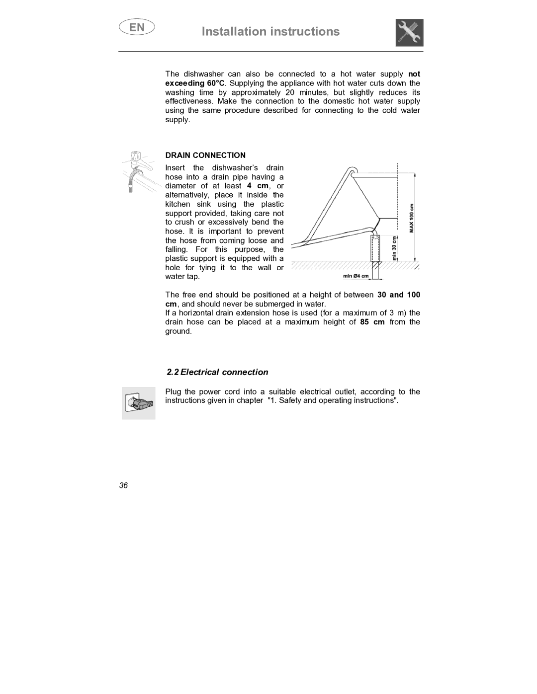 Smeg DW1410 instruction manual Electrical connection, Drain Connection 