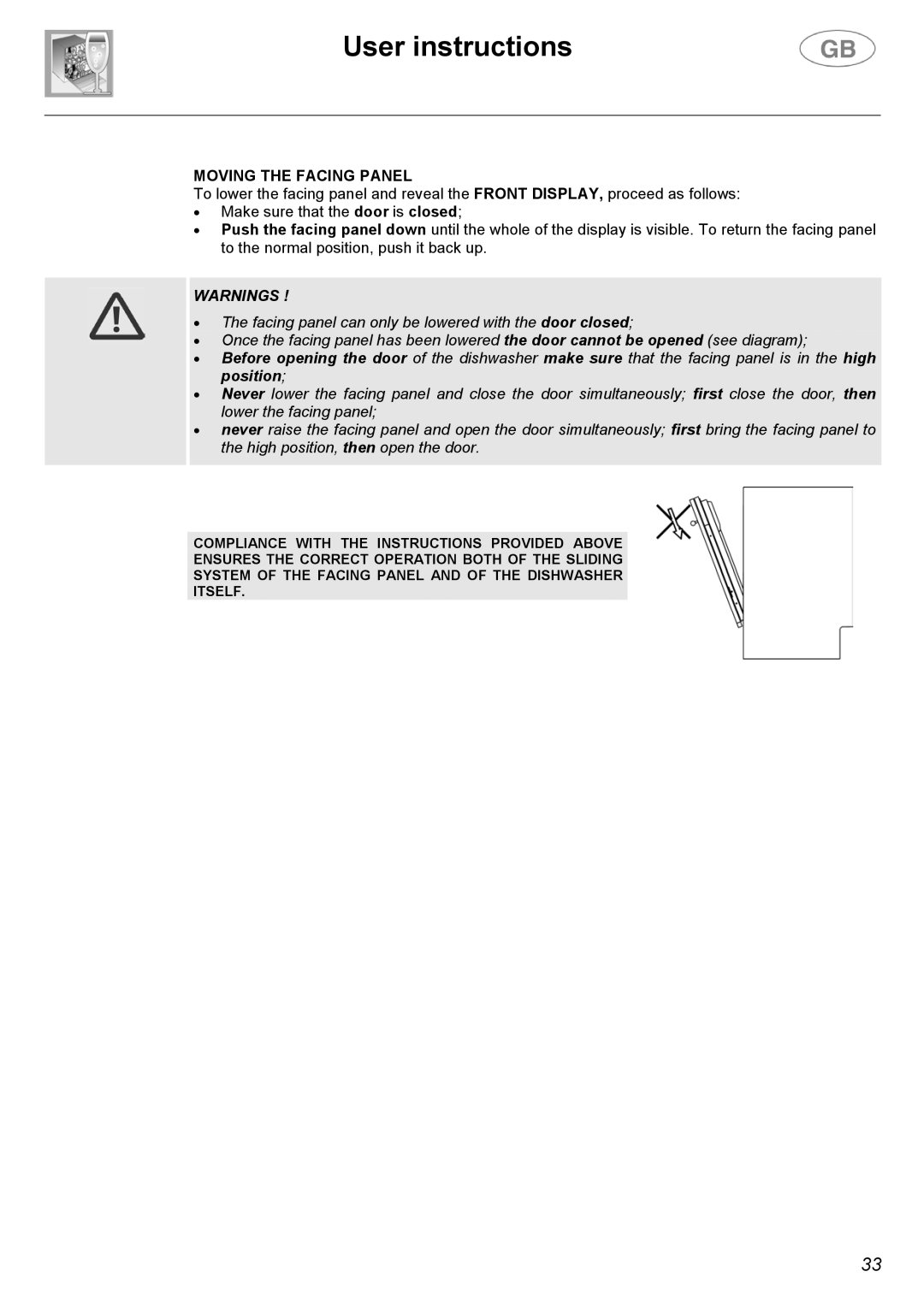 Smeg DW612ST instruction manual Moving the Facing Panel 