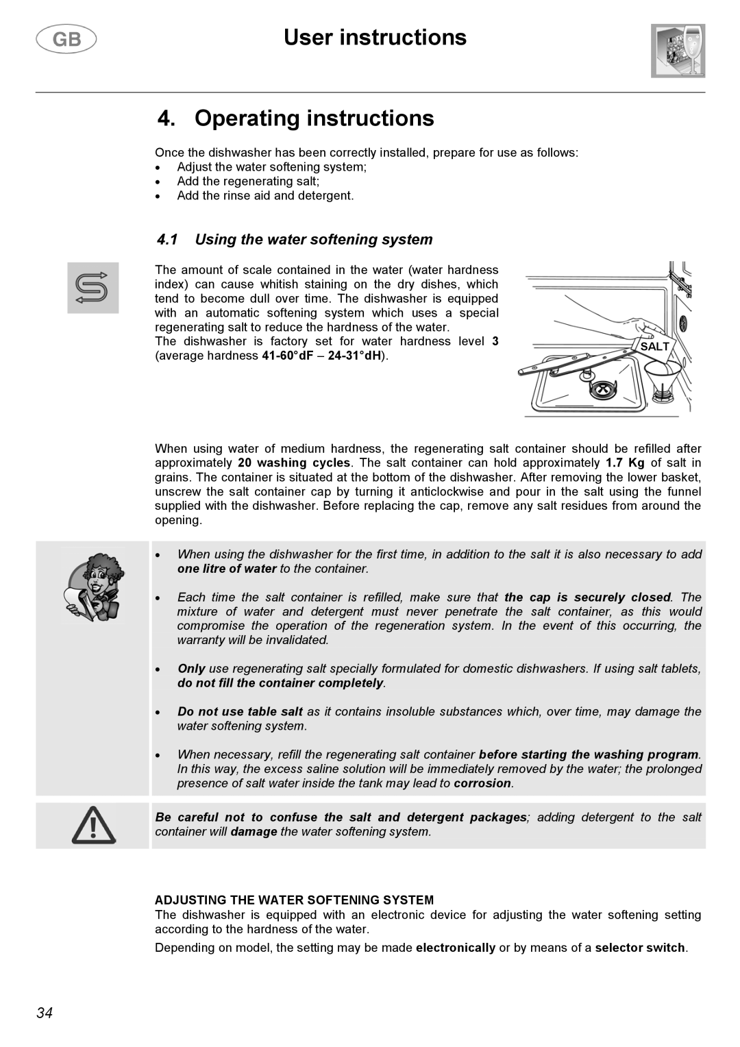 Smeg DW612ST instruction manual User instructions Operating instructions, Using the water softening system 