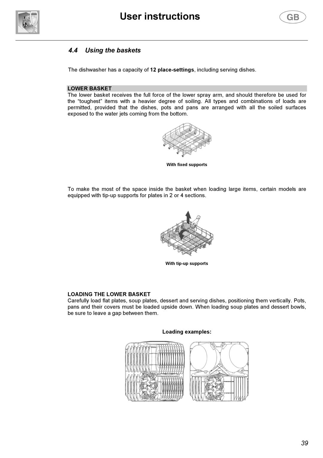 Smeg DW612ST instruction manual Using the baskets, Loading the Lower Basket, Loading examples 