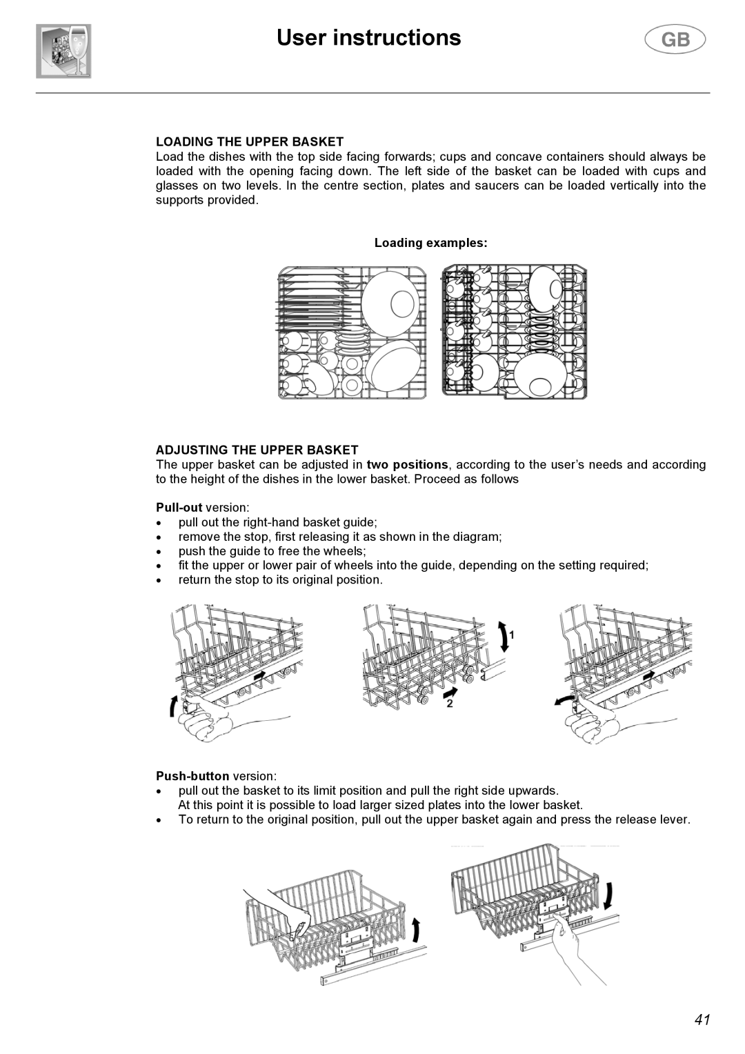 Smeg DW612ST instruction manual Loading the Upper Basket, Adjusting the Upper Basket, Pull-out version, Push-button version 