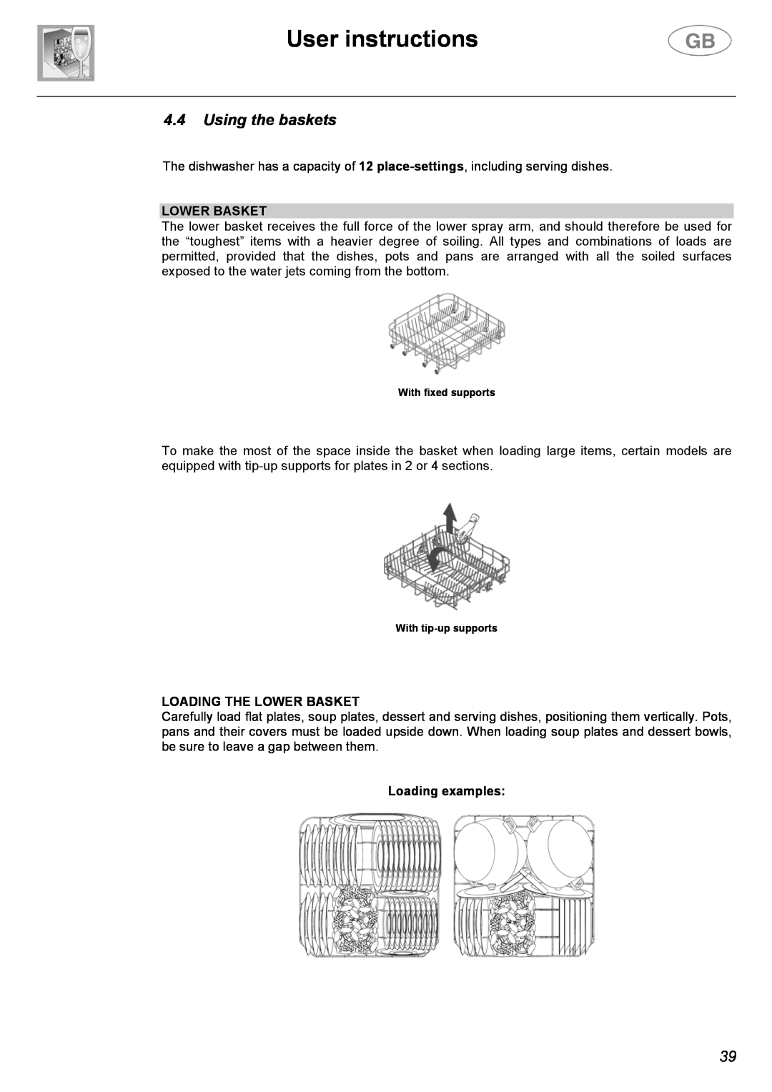 Smeg DW612ST instruction manual User instructions, 4.4Using the baskets, Loading The Lower Basket, Loading examples 