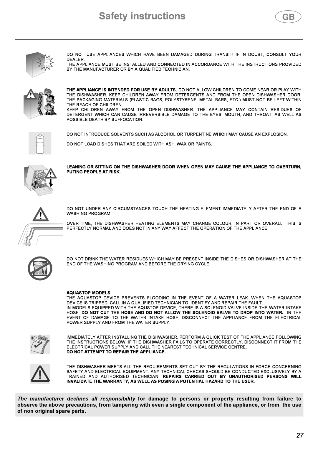Smeg DW612ST instruction manual Safety instructions, Aquastop Models, Do Not Attempt To Repair The Appliance 