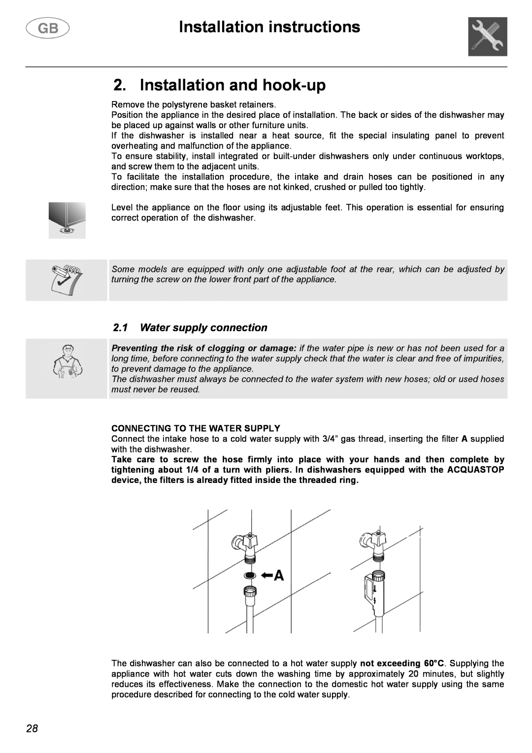 Smeg DW612ST instruction manual Installation instructions, Installation and hook-up, 2.1Water supply connection 