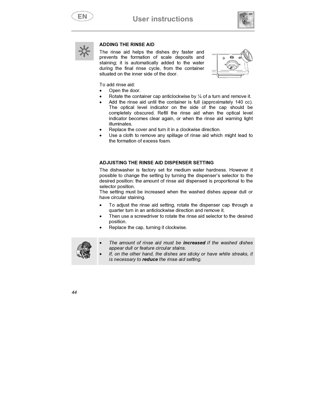 Smeg DWD409SS, DWD409WH instruction manual Adding the Rinse AID, Adjusting the Rinse AID Dispenser Setting 