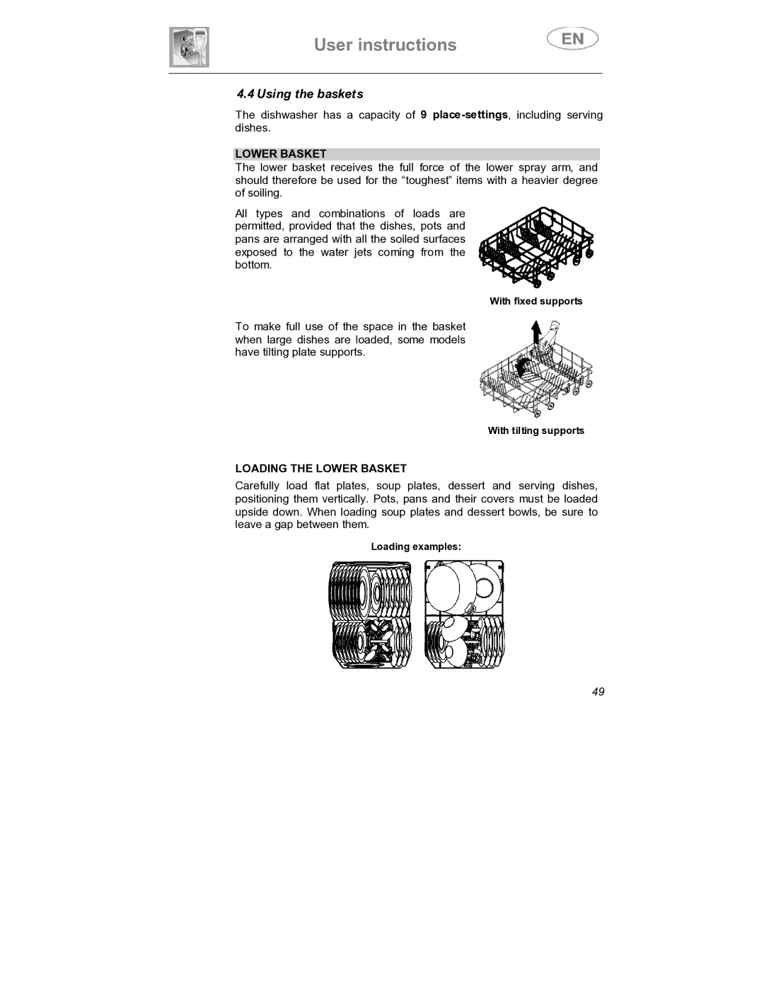 Smeg DWD409WH, DWD409SS instruction manual Using the baskets, Loading the Lower Basket 