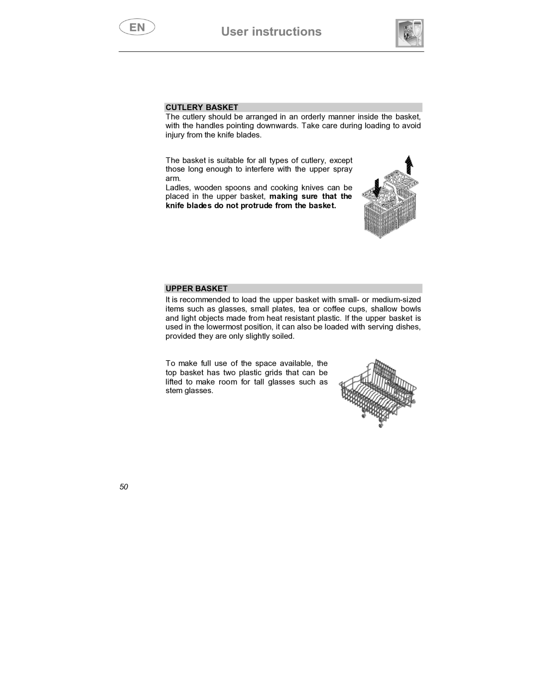 Smeg DWD409SS, DWD409WH instruction manual Cutlery Basket, Upper Basket 