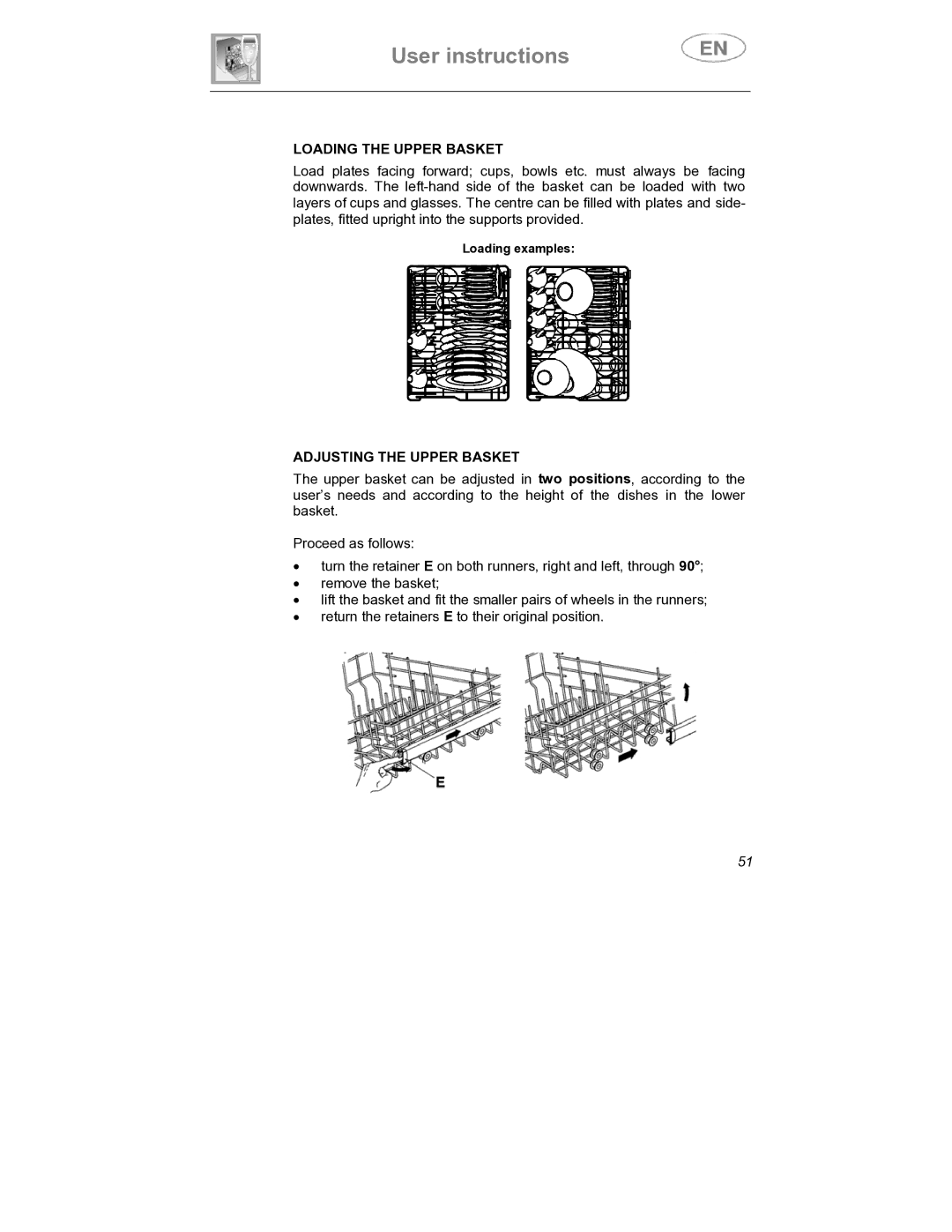 Smeg DWD409WH, DWD409SS instruction manual Loading the Upper Basket, Adjusting the Upper Basket 