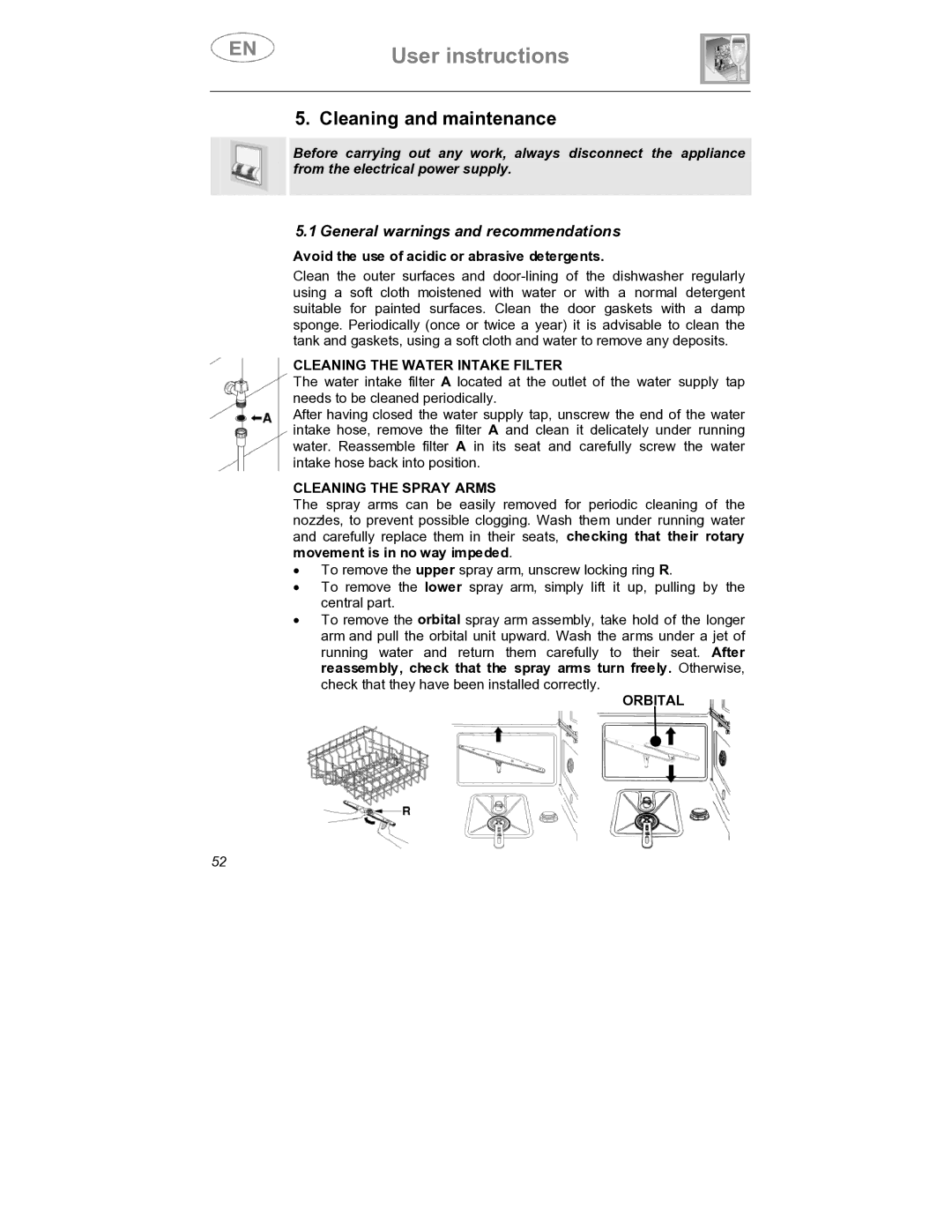 Smeg DWD409SS, DWD409WH Cleaning and maintenance, Cleaning the Water Intake Filter, Cleaning the Spray Arms, Orbital 