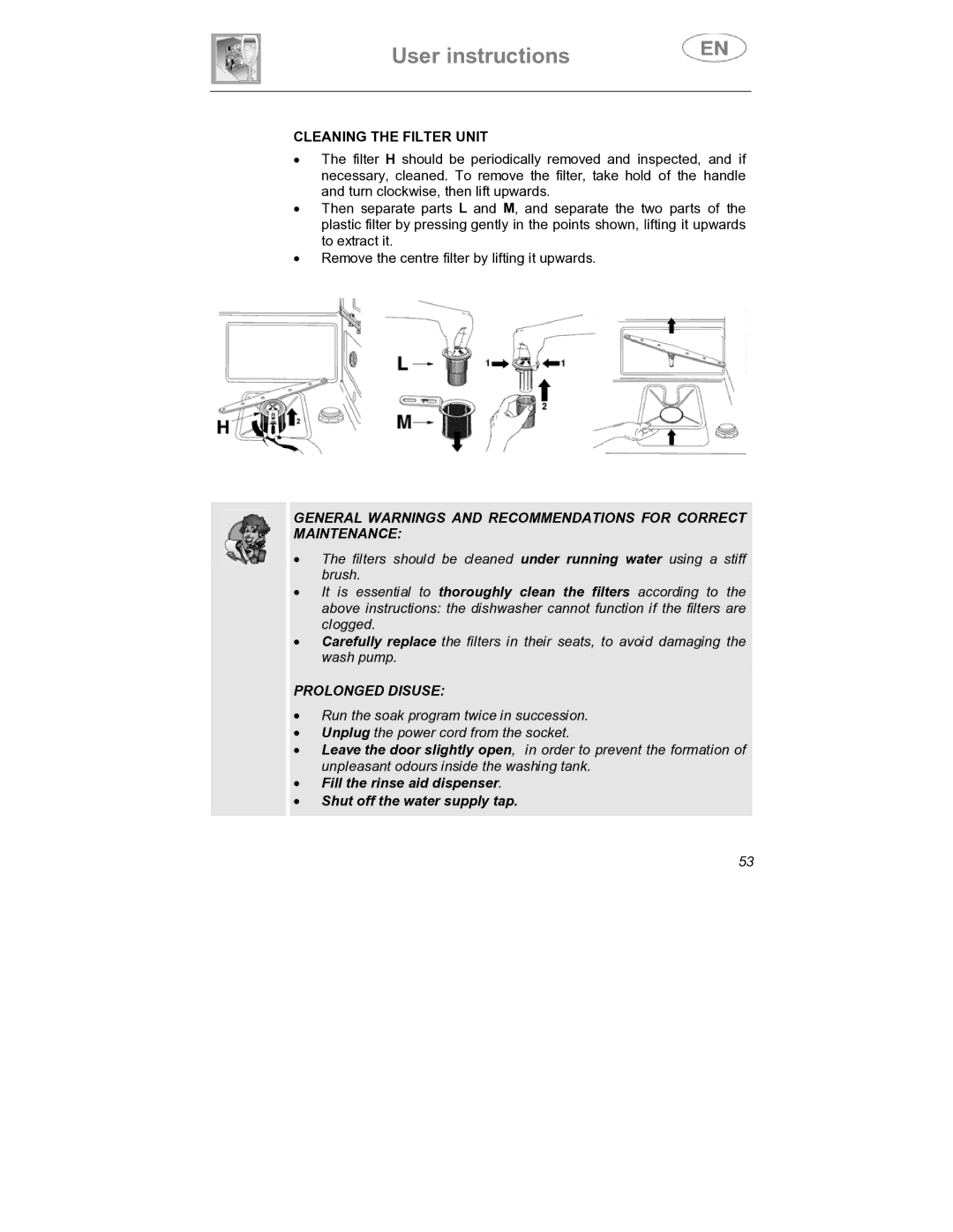 Smeg DWD409WH, DWD409SS instruction manual Cleaning the Filter Unit, Prolonged Disuse 