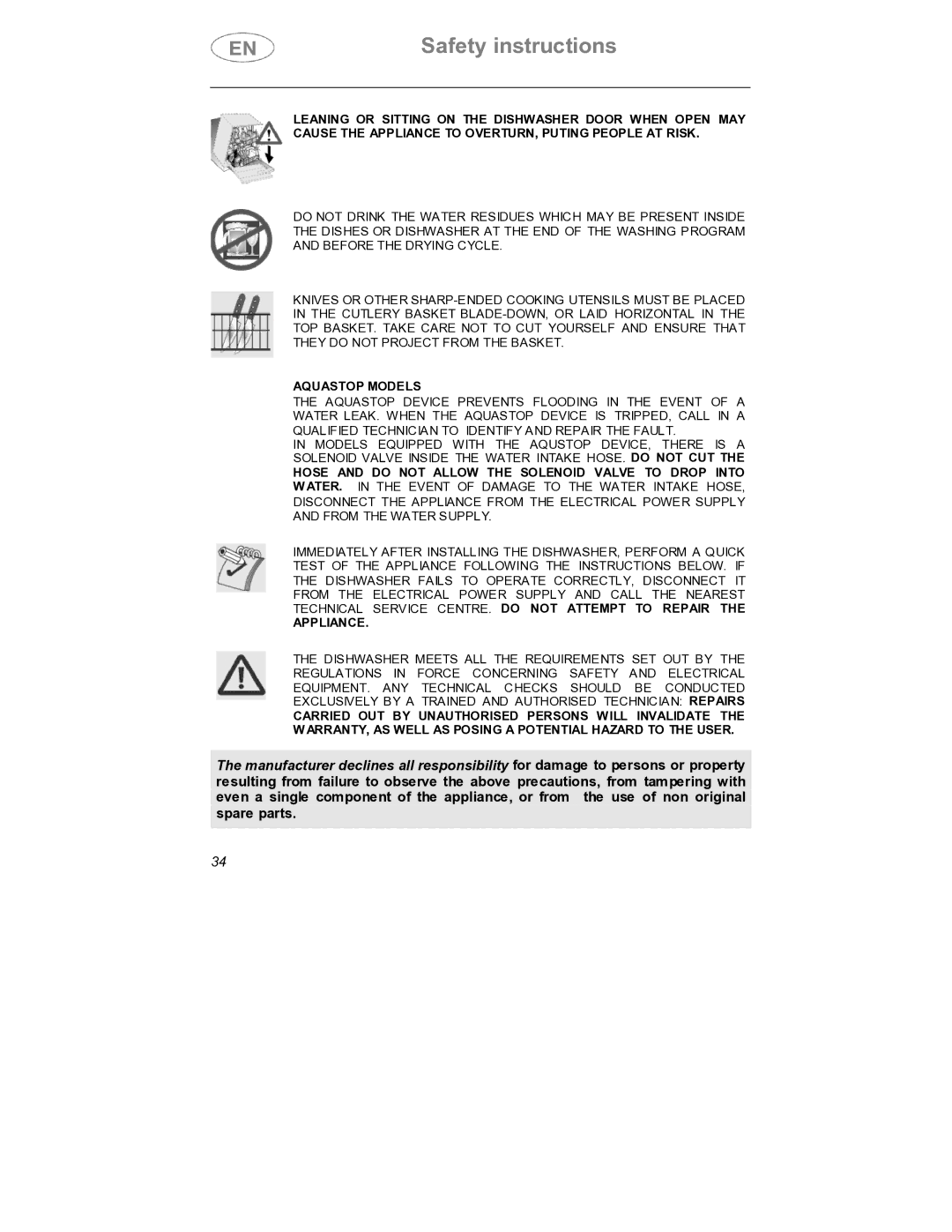 Smeg DWD409WH, DWD409SS instruction manual Aquastop Models 