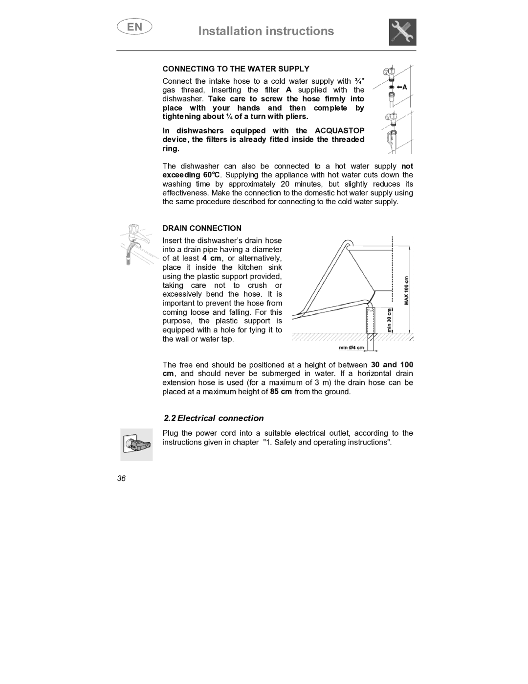 Smeg DWD409WH, DWD409SS instruction manual Electrical connection, Connecting to the Water Supply, Drain Connection 